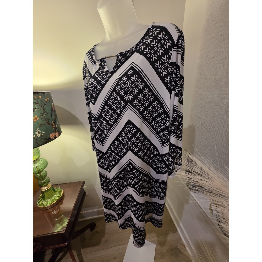 Womens Black White 3/4 Sleeve Chevron Print Stretch Dress 18W Boho Career Casual - Picture 6 of 16
